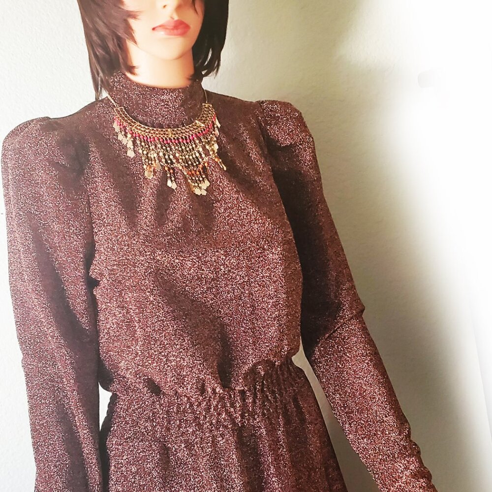 Ryegrass Mock Neck Puff Shoulders Copper Sparkle Dress